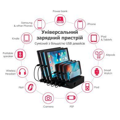 Універсальна зарядна док станція Timstool- Швидкий зарядний пристрій для телефонів на 6 USB- Зарядне для декількох гаджетів Мульти зарядка до телефона